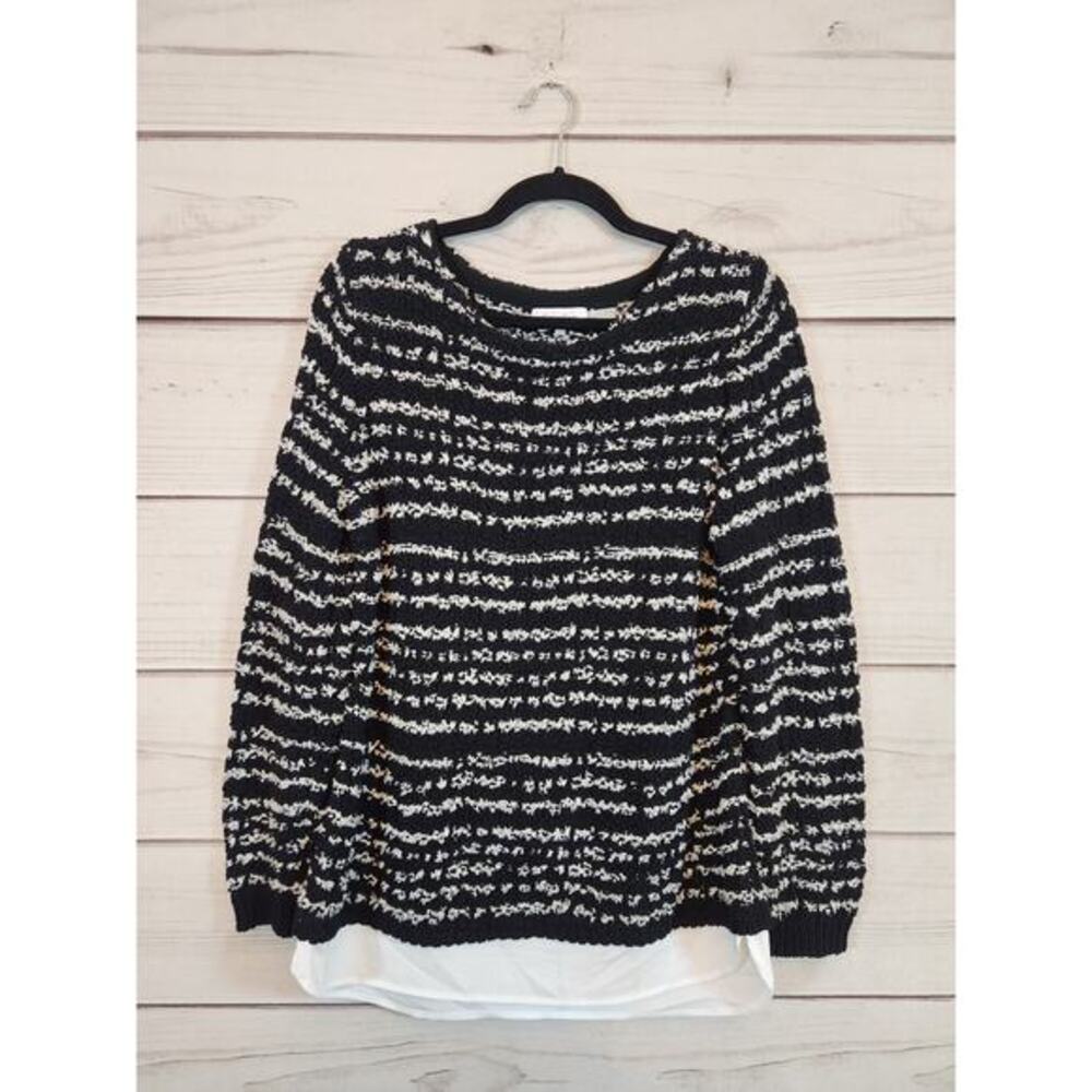 Calvin Klein Women's Black White Stripe Long Sleeve Pullover Sweater Size Medium